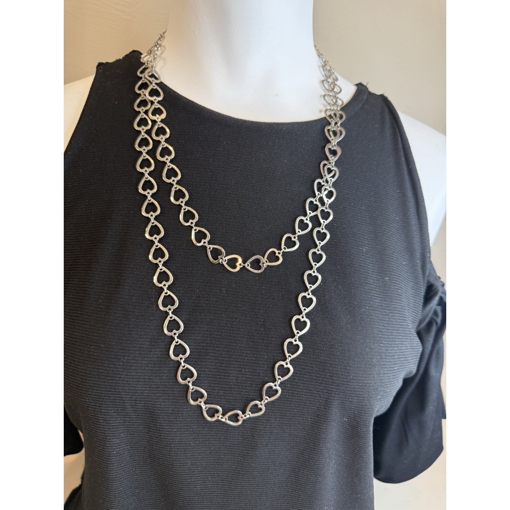 Open Heart Link Station Necklace silver tone 50"L Estate Metallic Locking Strand